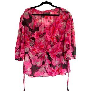 Elle‎ Sheer Pink Floral Blouse Ruffle Neck Maximalist Floral Size XL